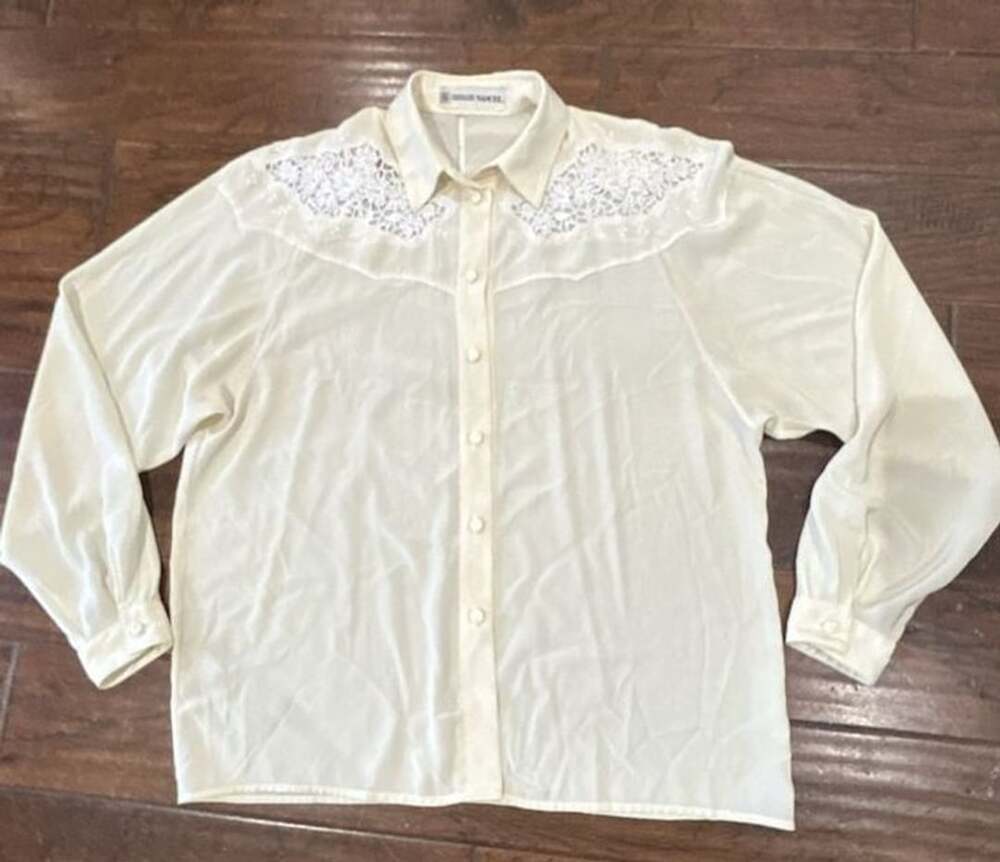 Serge Nancel Vintage Cream Long Sleeve Blouse with Front Lace Yoke